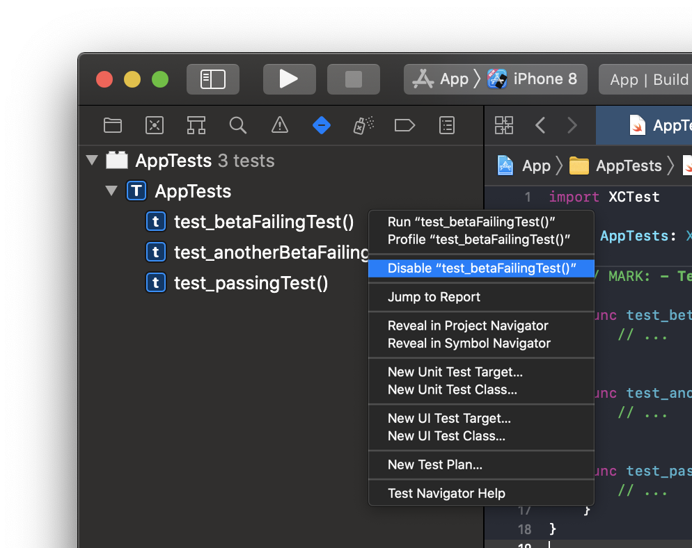 Disabling tests via Xcode's test inspector